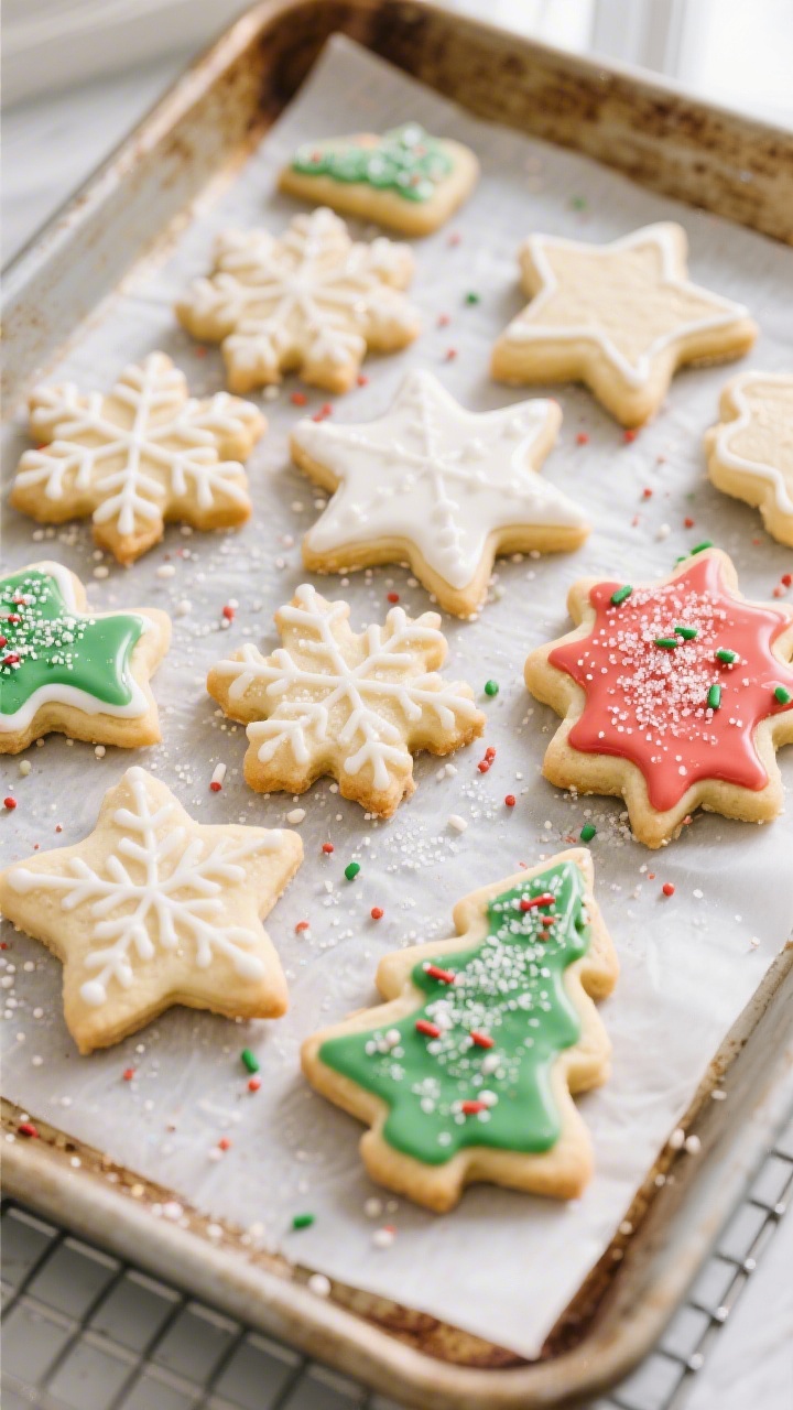 Overhead shot of freshly baked holiday sugar cookies cooling on a wire rack, edges just set and pale
