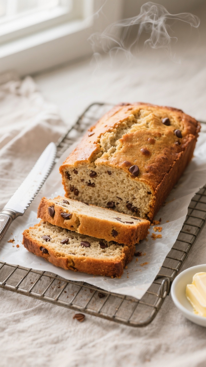 Overhead shot of freshly baked keto banana bread loaf just out of the pan, resting on a wire rack wi