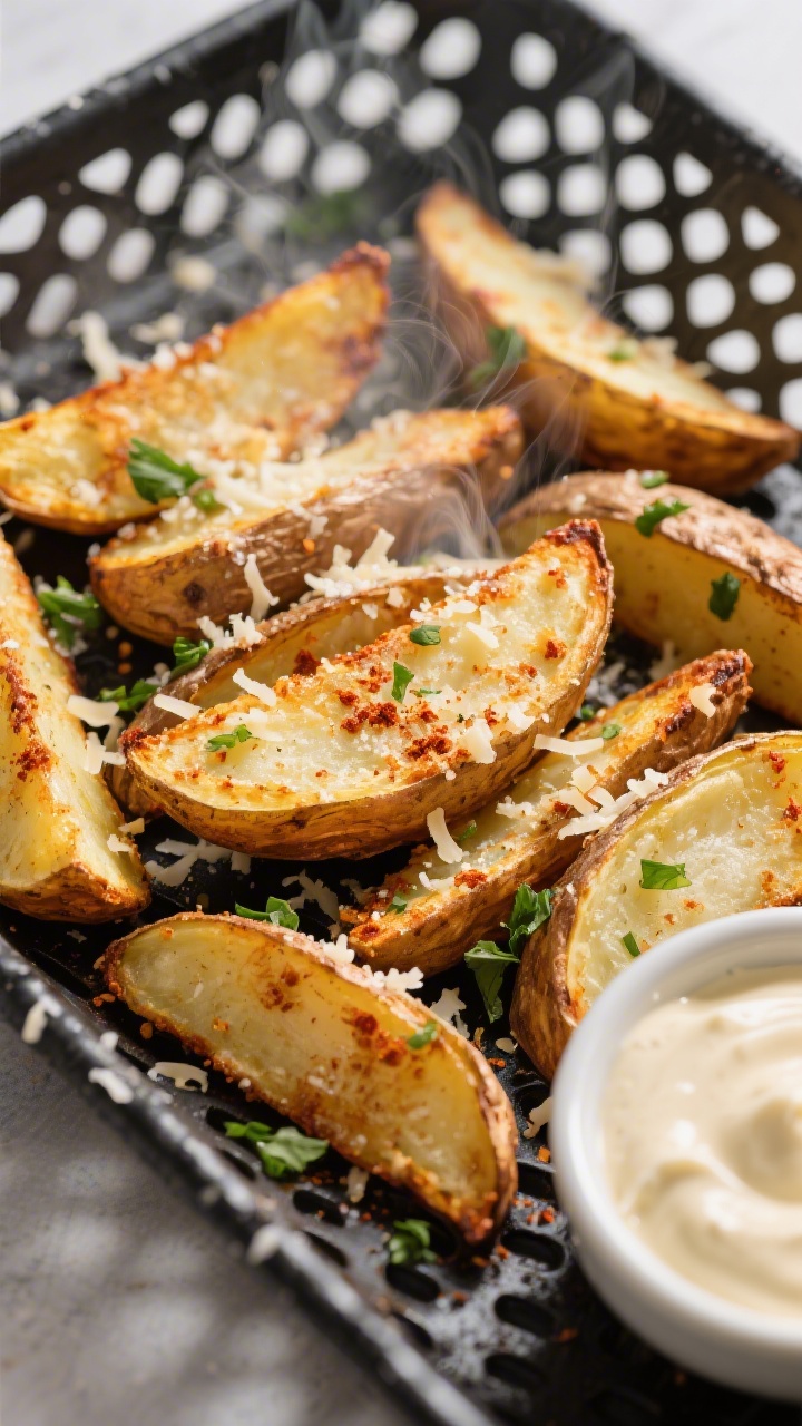 Overhead shot of Garlic Parmesan Potato Wedges just out of the air fryer: golden-brown wedges arrang