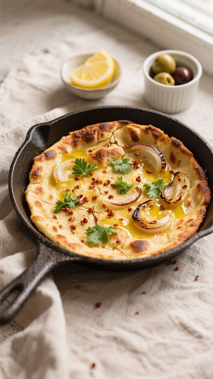 Overhead shot of golden, blistered socca skillet flatbread just out of the broiler, edges deeply bro