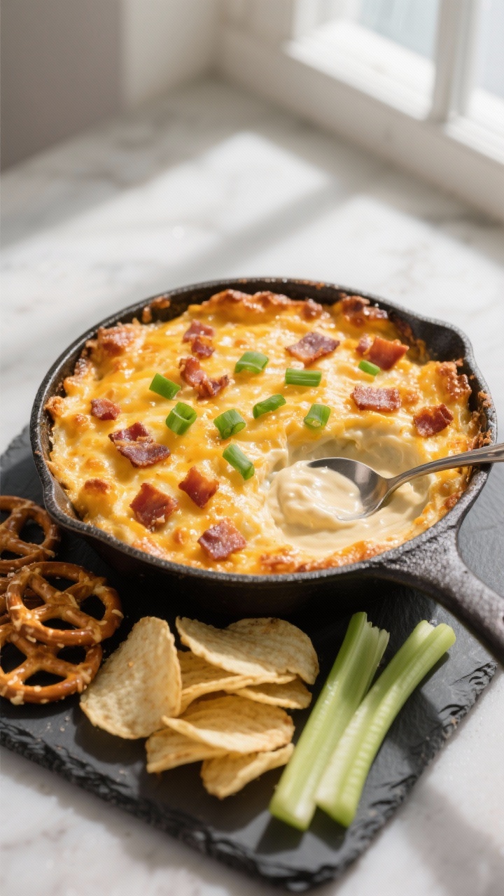 Overhead shot of hot, baked crack dip just out of the oven: golden-bubbly cheddar crust with crisp b