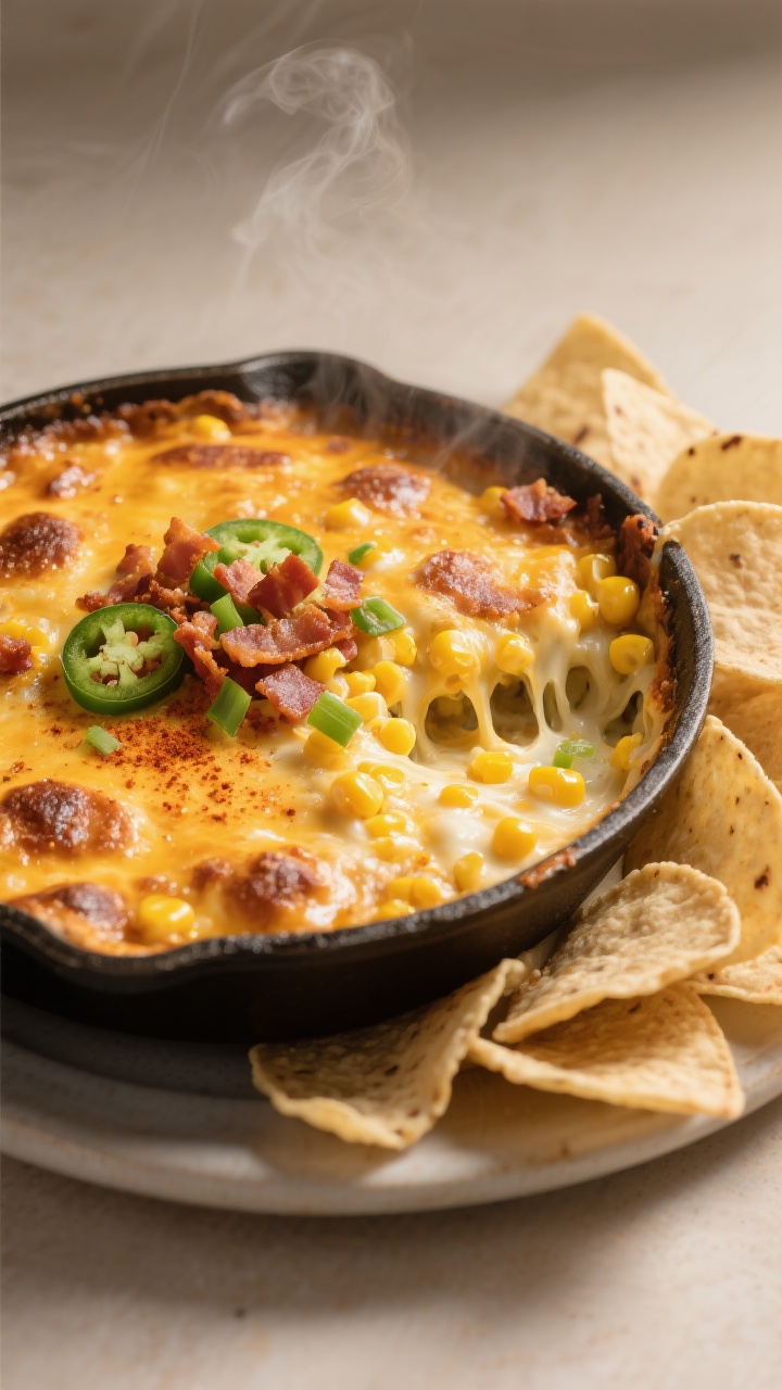 Overhead shot of hot, bubbly crack corn dip just out of the oven in a shallow, round skillet, golden