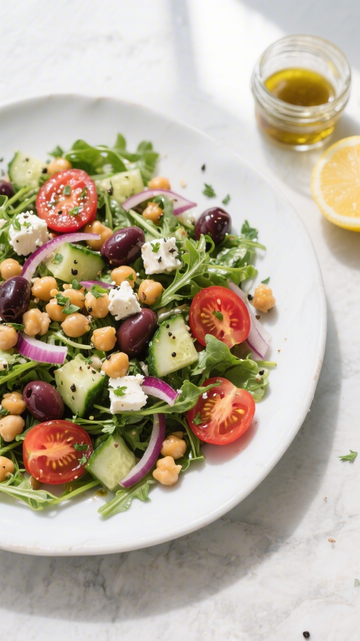 Overhead shot of Mediterranean Chickpea Salad just after tossing: mixed spring greens layered with h