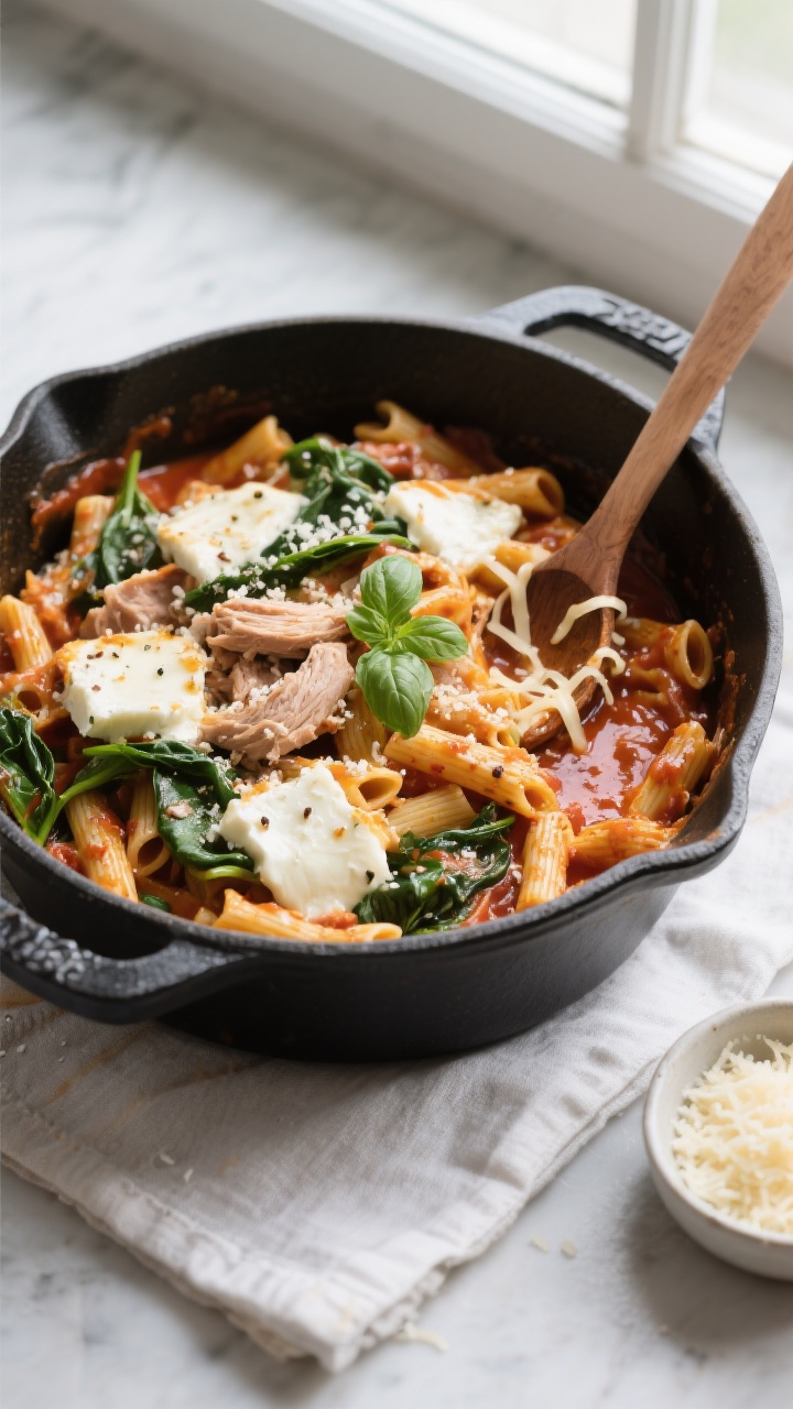 Overhead shot of One-Pot Cheesy Turkey Pasta just off the stove: short pasta glazed in marinara and