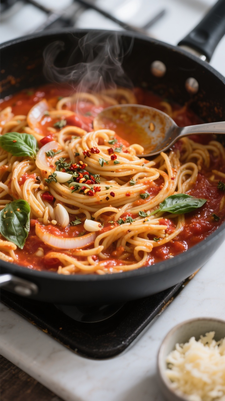 Overhead shot of One-Pot Tomato Basil Pasta finishing in the pot: al dente pasta twirling through a 