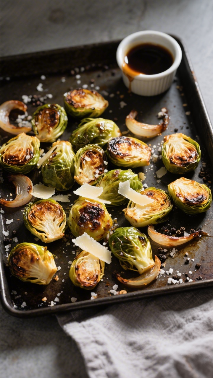 Overhead shot of roasted Brussels sprouts just after the “flip and finish” stage on a preheated 