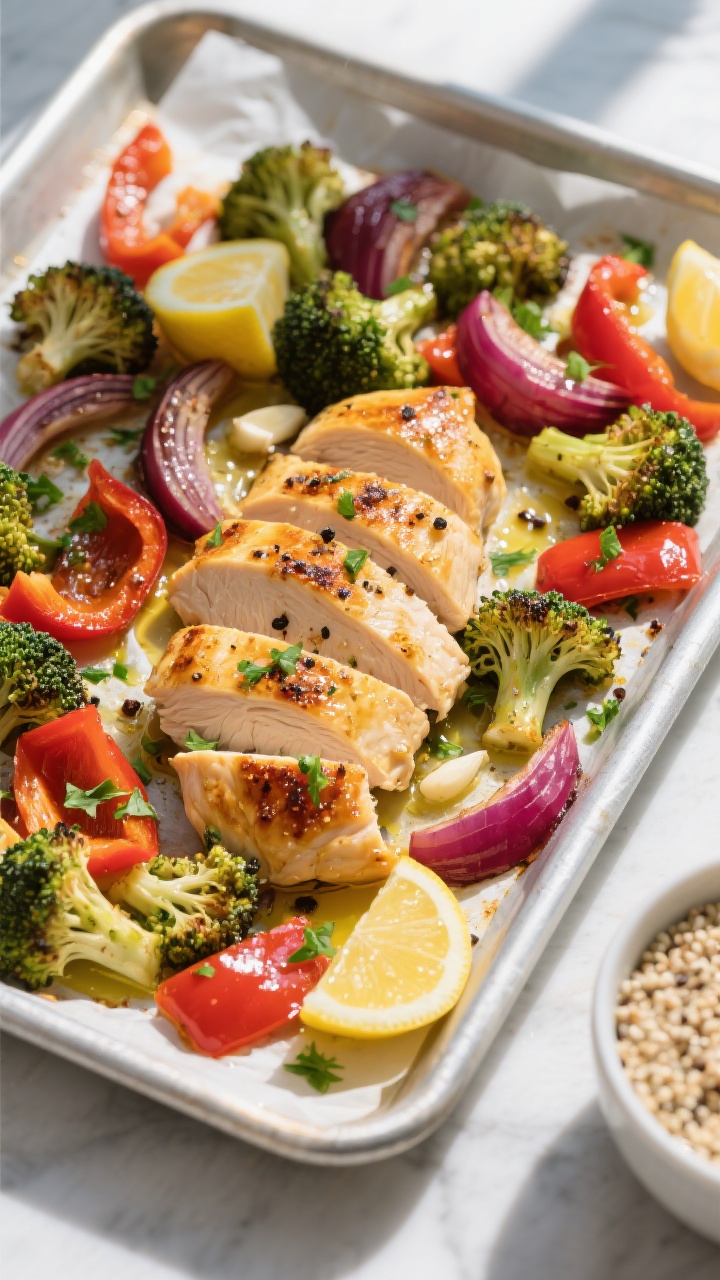 Overhead shot of Sheet Pan Lemon Chicken and Veggies just out of the oven: golden, sliced chicken br