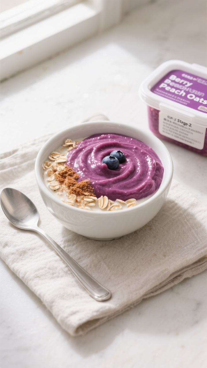 Overhead shot of Stage 2 “Berry Peach Oats” puree in a small white ceramic bowl: deep magenta-pu