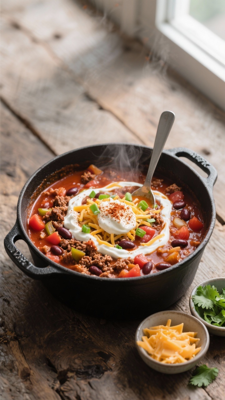 Overhead shot of steaming venison chili in a matte black Dutch oven on a rustic wooden surface, rich