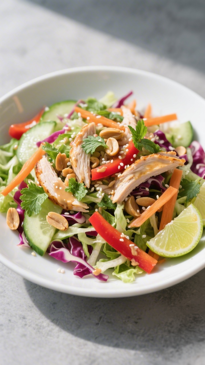 Overhead shot of Thai Peanut Chicken Salad just after tossing: vibrant mix of thinly shredded green