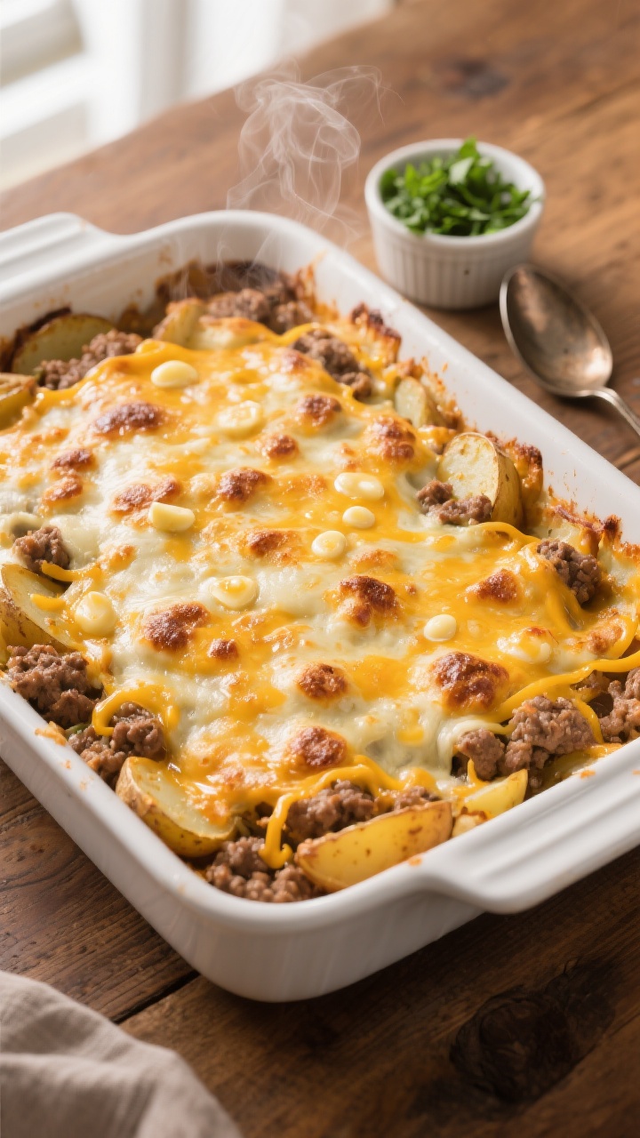 Overhead shot of the baked Hamburger Potato Casserole just after uncovering for the final browning: 