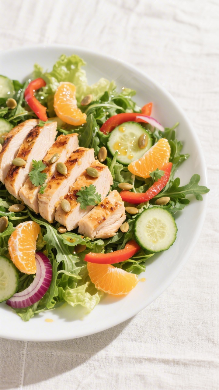Overhead shot of the Crunchy Chicken & Citrus Salad, fully assembled and ready to serve: sliced gril