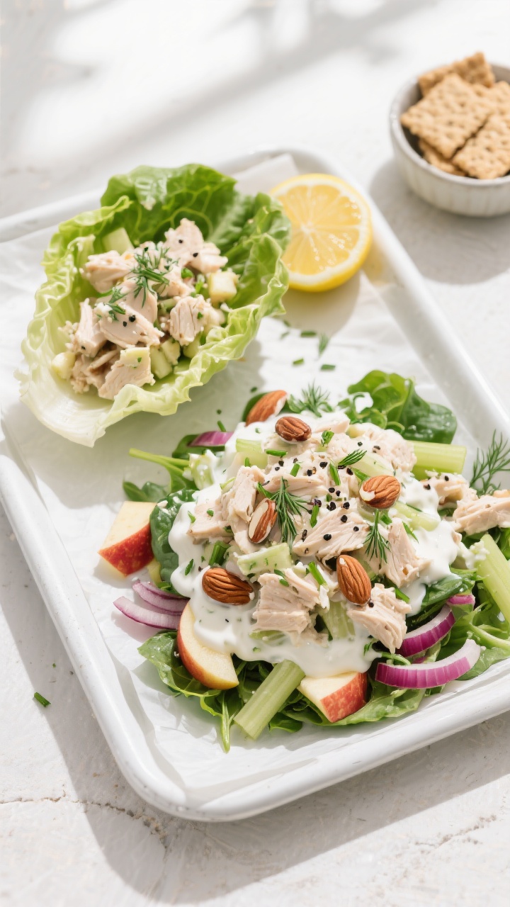 Overhead shot of the finished healthy chicken salad served two ways: one half piled into crisp romai