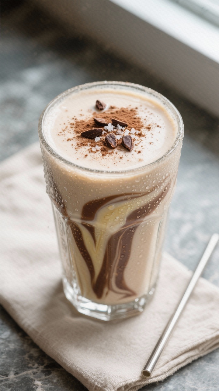 Overhead shot of the finished protein milkshake poured into a frost-chilled, clear highball glass, t