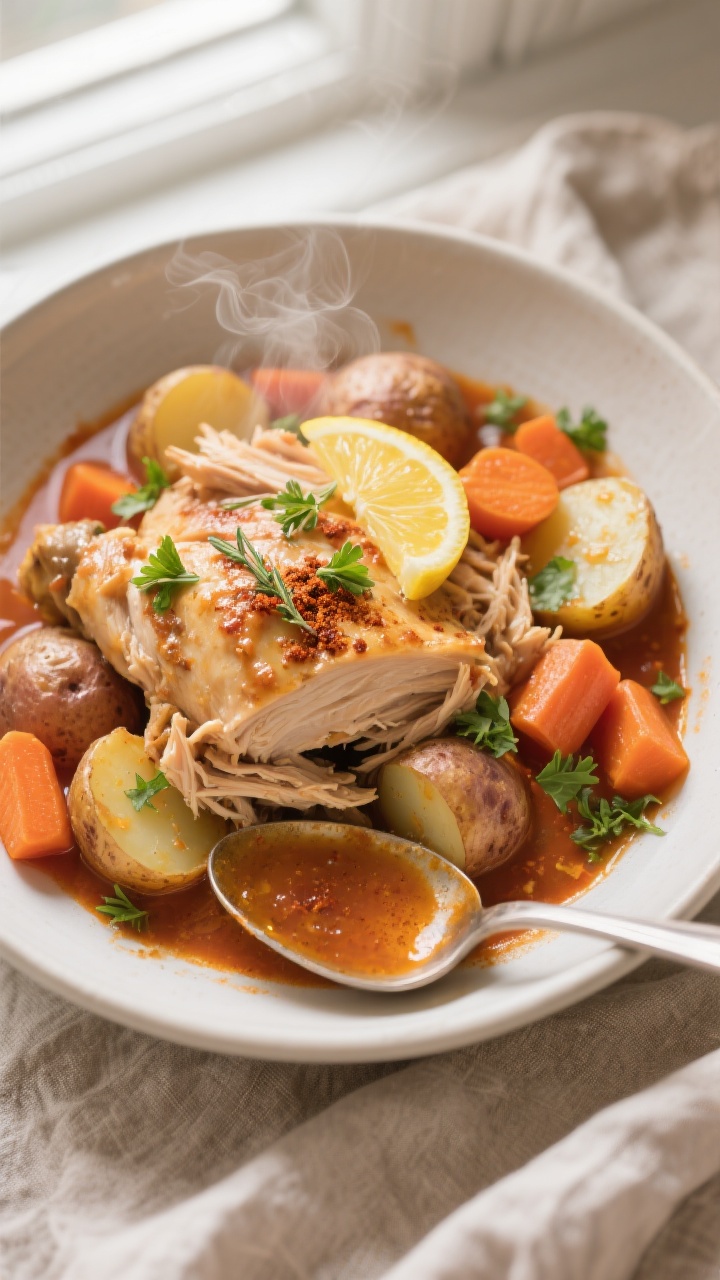 Overhead shot of the finished “Set & Forget” Crockpot Chicken with vegetables: juicy shredded ch
