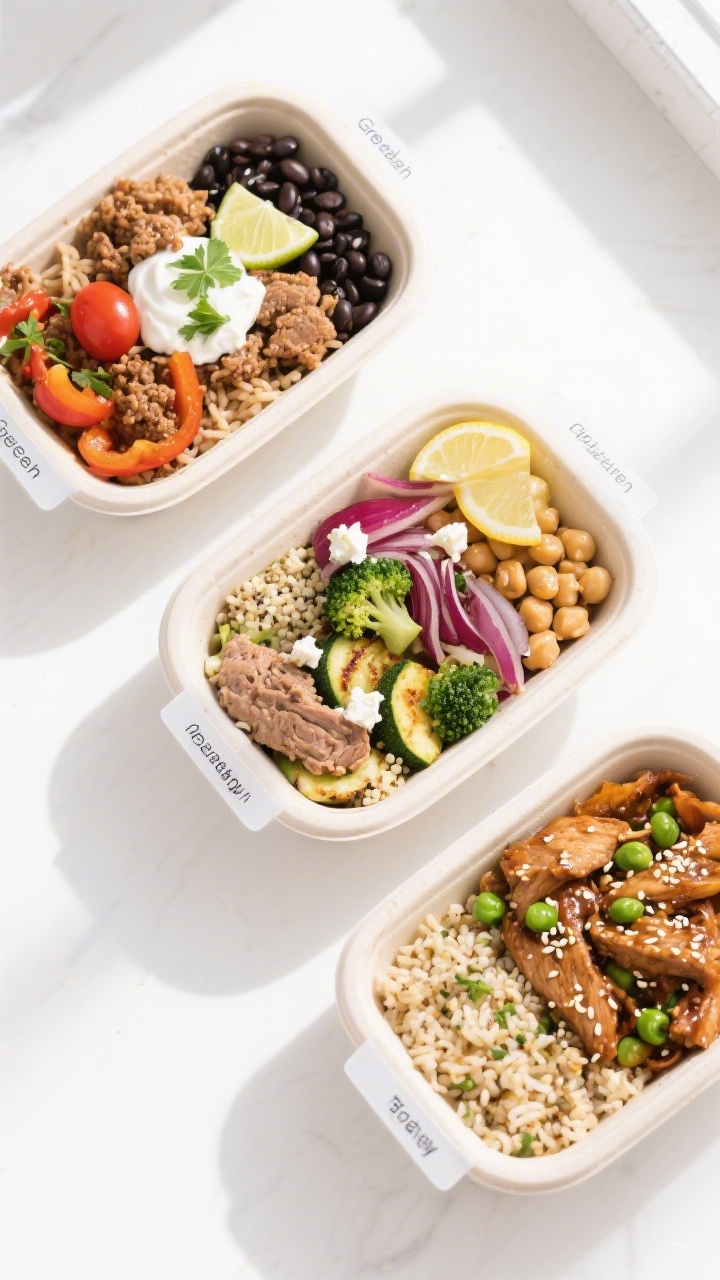 Overhead shot of three neatly labeled meal prep containers filled with distinct ground turkey bowls: