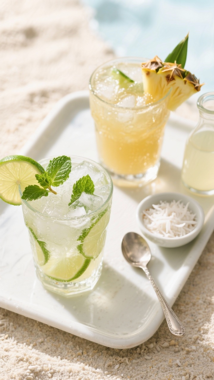 Overhead “tasty top view” of a party-ready mojito lineup: two fully assembled Tropical Coconut M