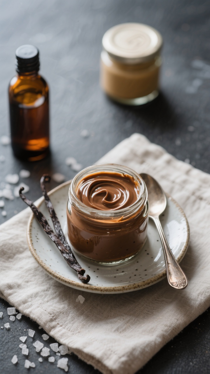 Tasty top-down final presentation: Overhead shot of a small glass jar filled with finished vanilla b