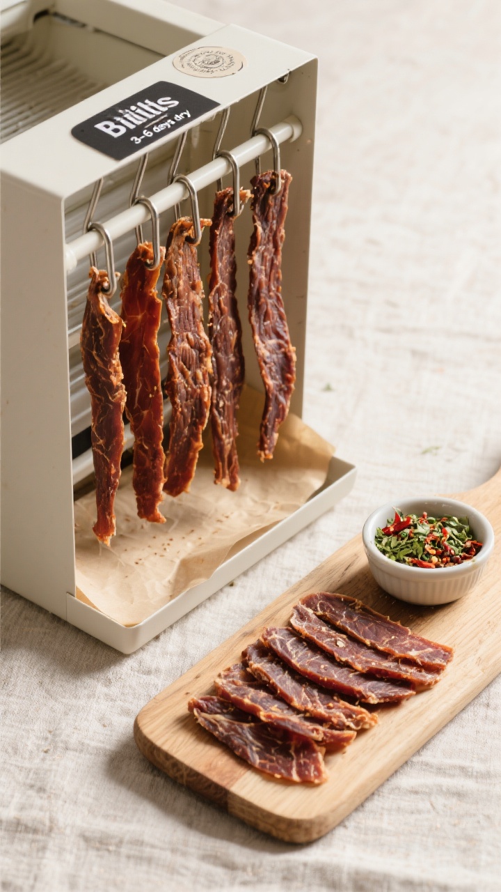 Tasty top-down process-to-serve scene: Overhead shot of finished biltong strips hanging on hooks in 