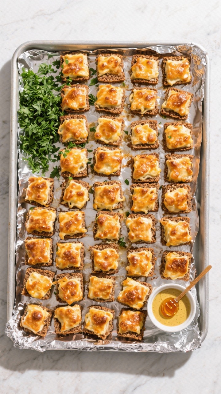 Tasty top view (final platter): Overhead shot of a large baking sheet lined with foil holding a tigh
