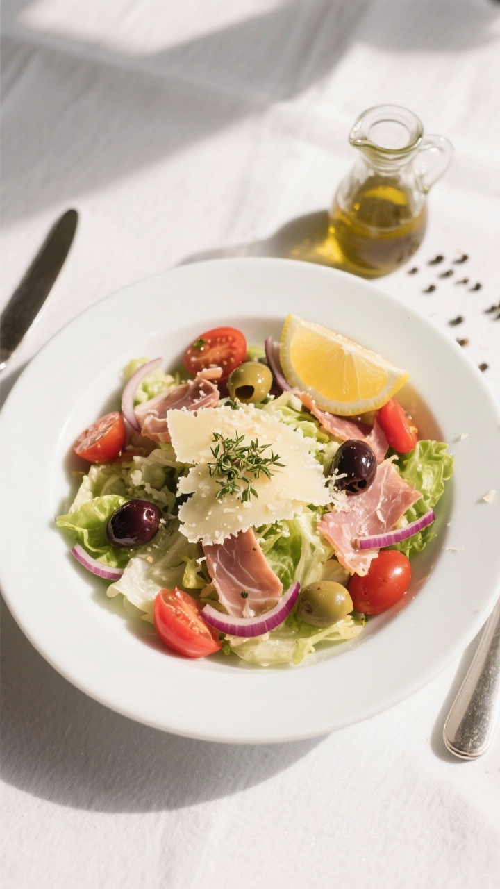 Tasty top-view final presentation: Overhead shot of the finished 1905 Salad in a wide white rimmed b