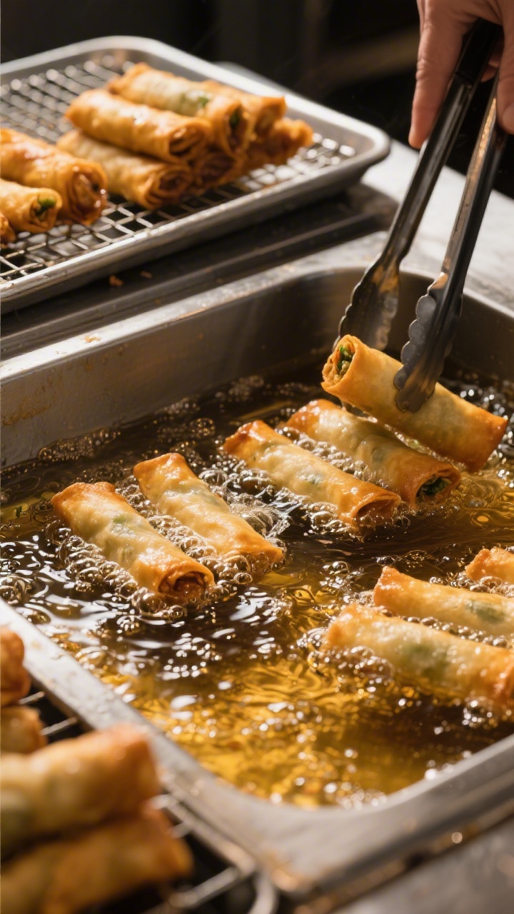 5–2 inches of oil at 350°F, Lumpiang Shanghai frying in batches—some pieces mid-turn with tongs