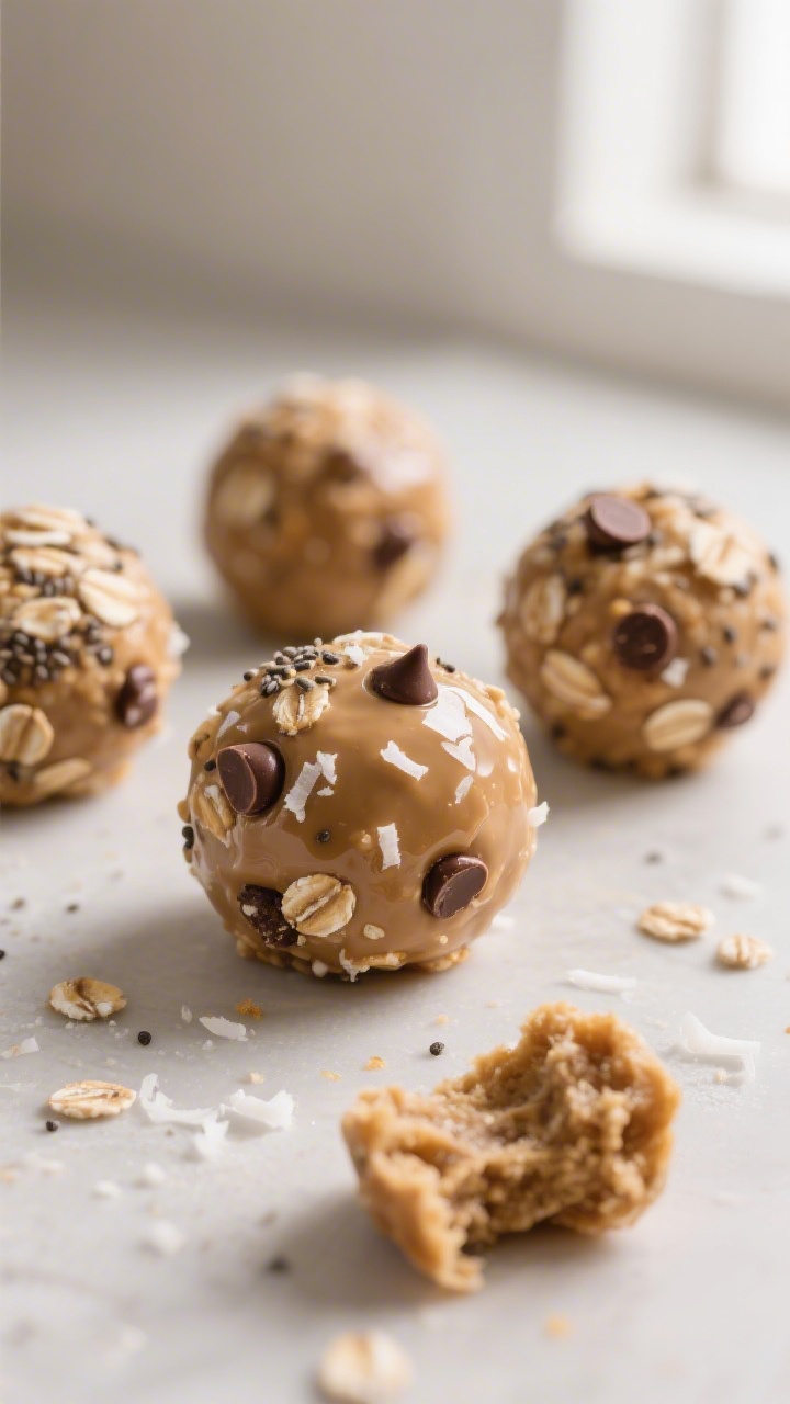 5 inch spheres with visible rolled oats, mini chocolate chips, shredded coconut flecks, and chia/fla