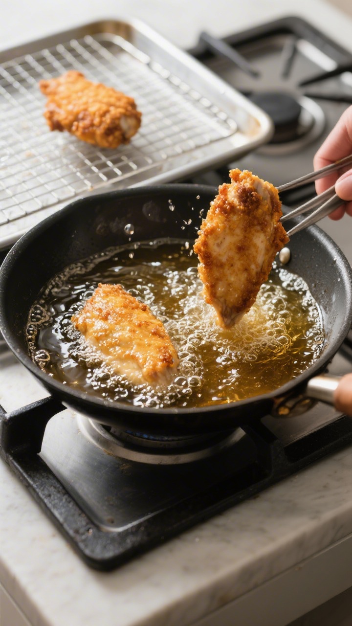 5 inches of shimmering oil at temp, two coated chicken pieces frying mid-bubble, oil gently foaming 