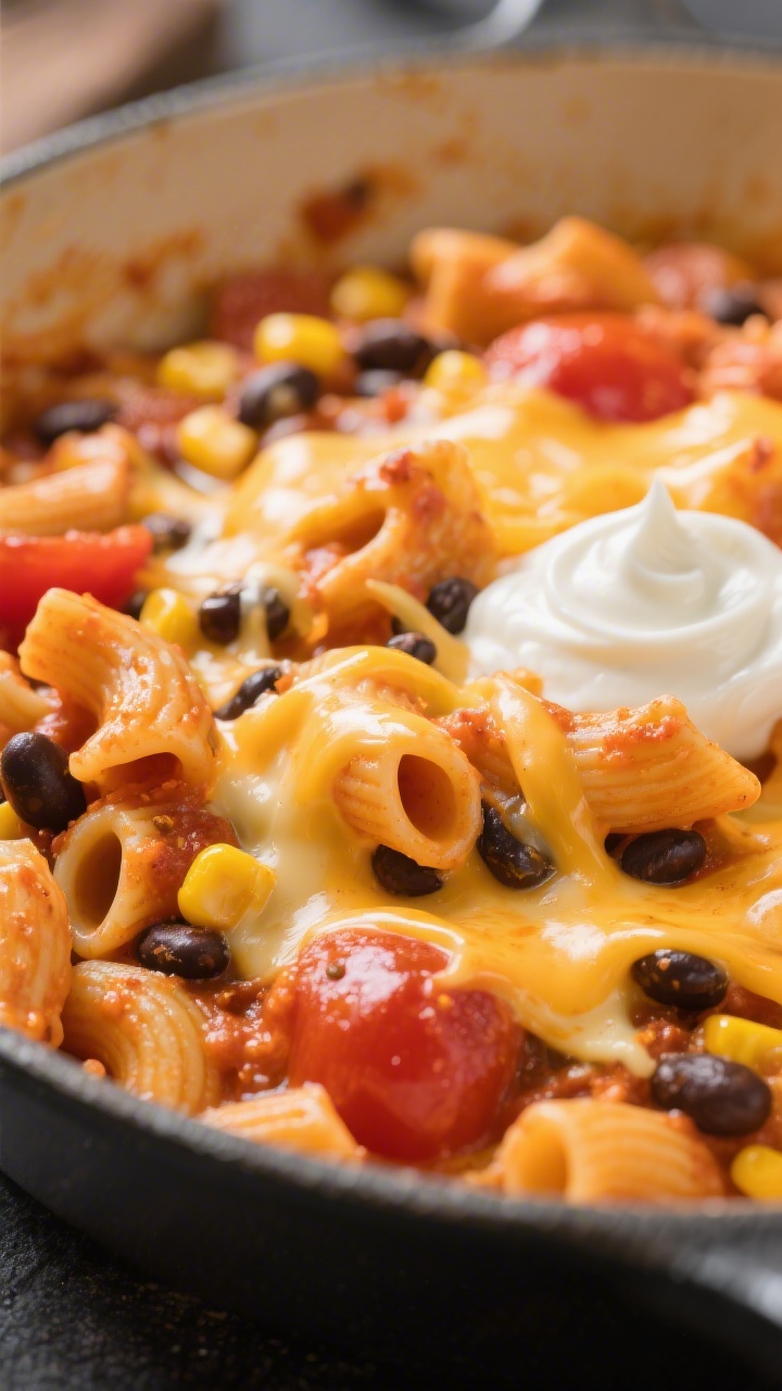 Cheese-melt detail: Ultra close-up of the finished one pot taco elbow pasta off-heat as shredded che