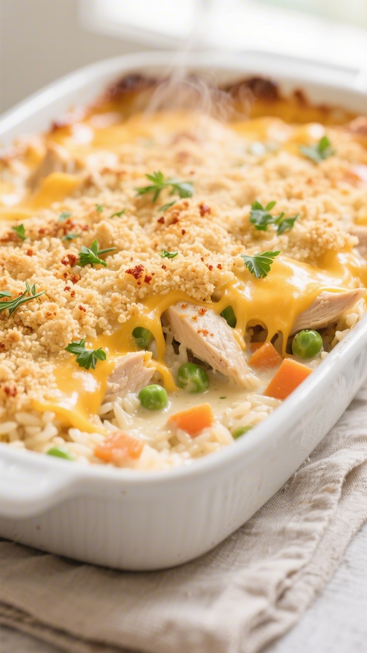 Close-up detail: A bubbling, golden Cheesy Chicken and Rice casserole just after the final uncovered