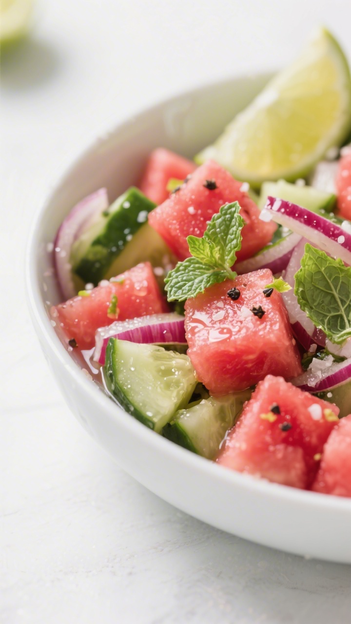 Close-up detail: A chilled bowl of watermelon-cucumber mint salad just after tossing, glistening cub