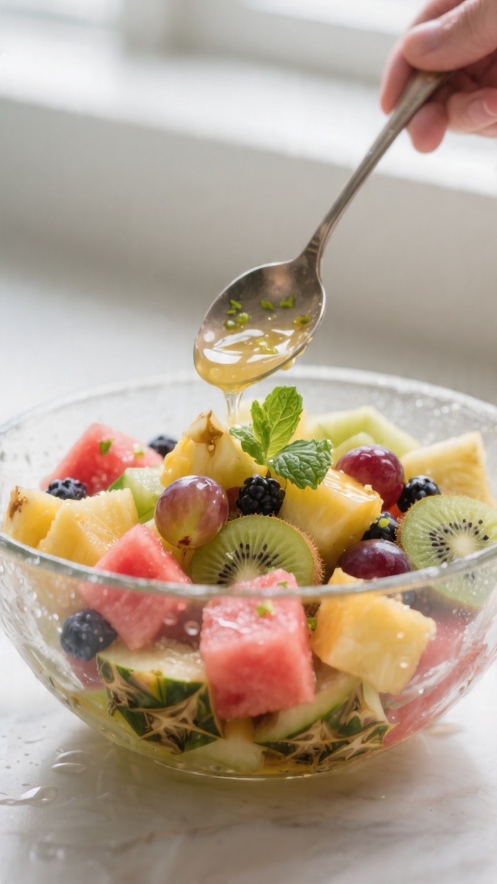 Close-up detail: A chilled fruit salad mid-toss in a wide glass bowl, prepared bite-sized and unifor