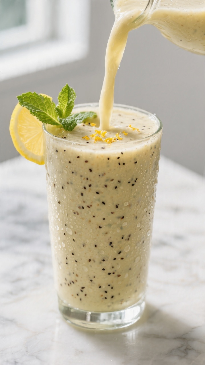 Close-up detail: A chilled glass of Lemon Ginger Fat Burner Smoothie mid-blend pour, silky-frothy te