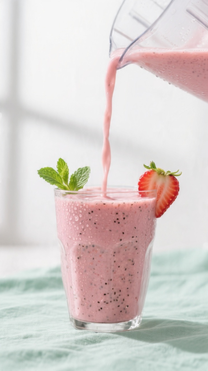 Close-up detail: A chilled glass of Strawberry Mint Glow Smoothie mid-pour from a blender, silky pin