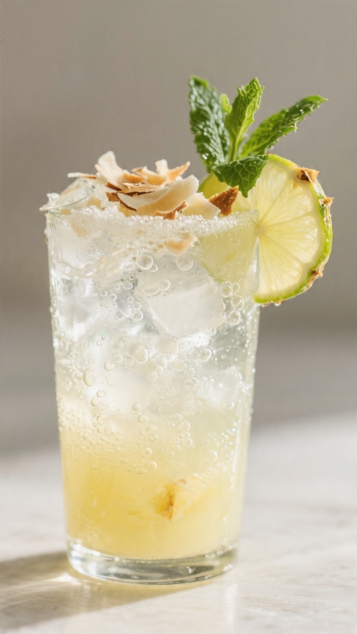 Close-up detail: A chilled highball glass filled with the finished pineapple-lime mocktail base topp
