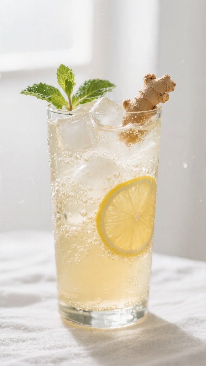 Close-up detail: A chilled highball glass of homemade ginger ale mid-stir, showing effervescent stre