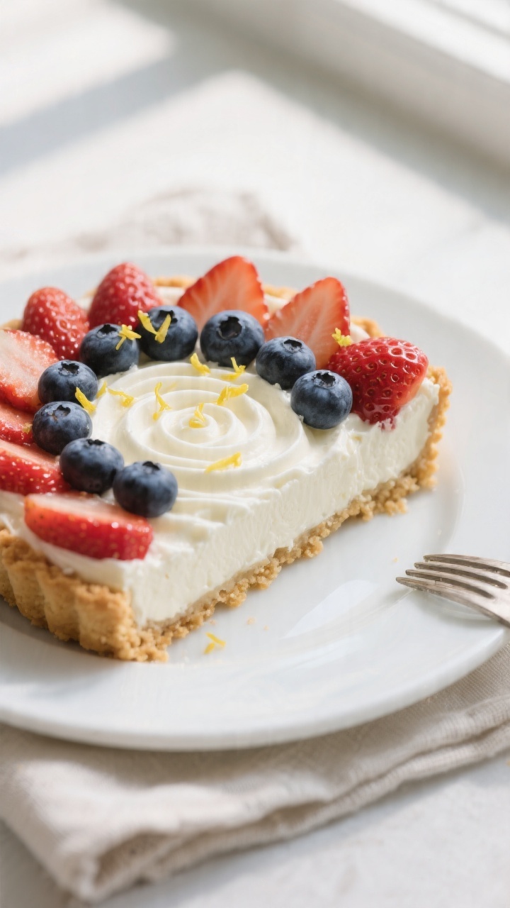 Close-up detail: A chilled No-Bake Berry Cream Pie slice on a white dessert plate, showing the silky