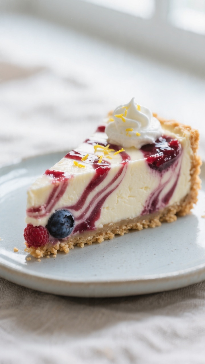 Close-up detail: A chilled no-bake berry swirl cheesecake slice just out of the springform, silky cr