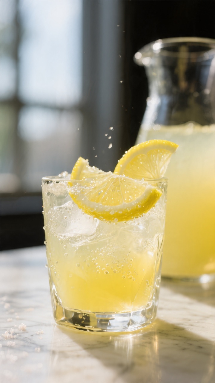 Close-up detail: A chilled rocks glass of classic lemonade just poured over clinking ice, tiny bubbl
