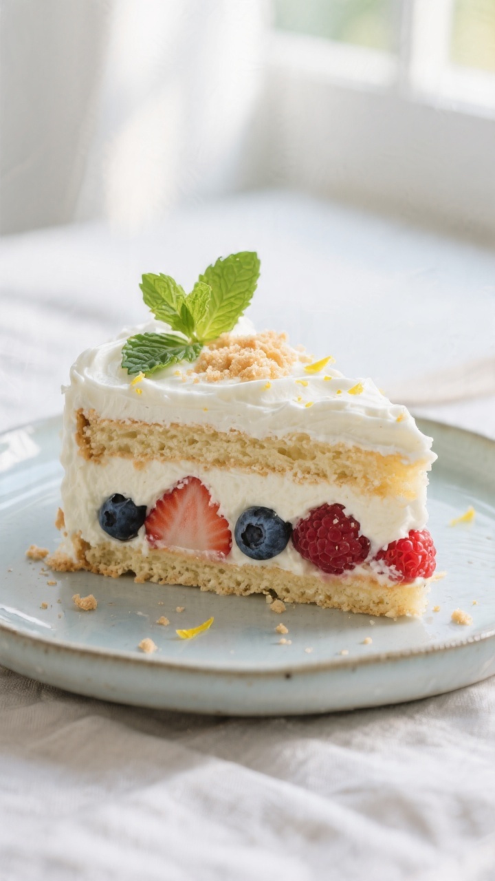 Close-up detail: A chilled slice of no-bake Berry Icebox Cake just cut from the pan, showing soft la
