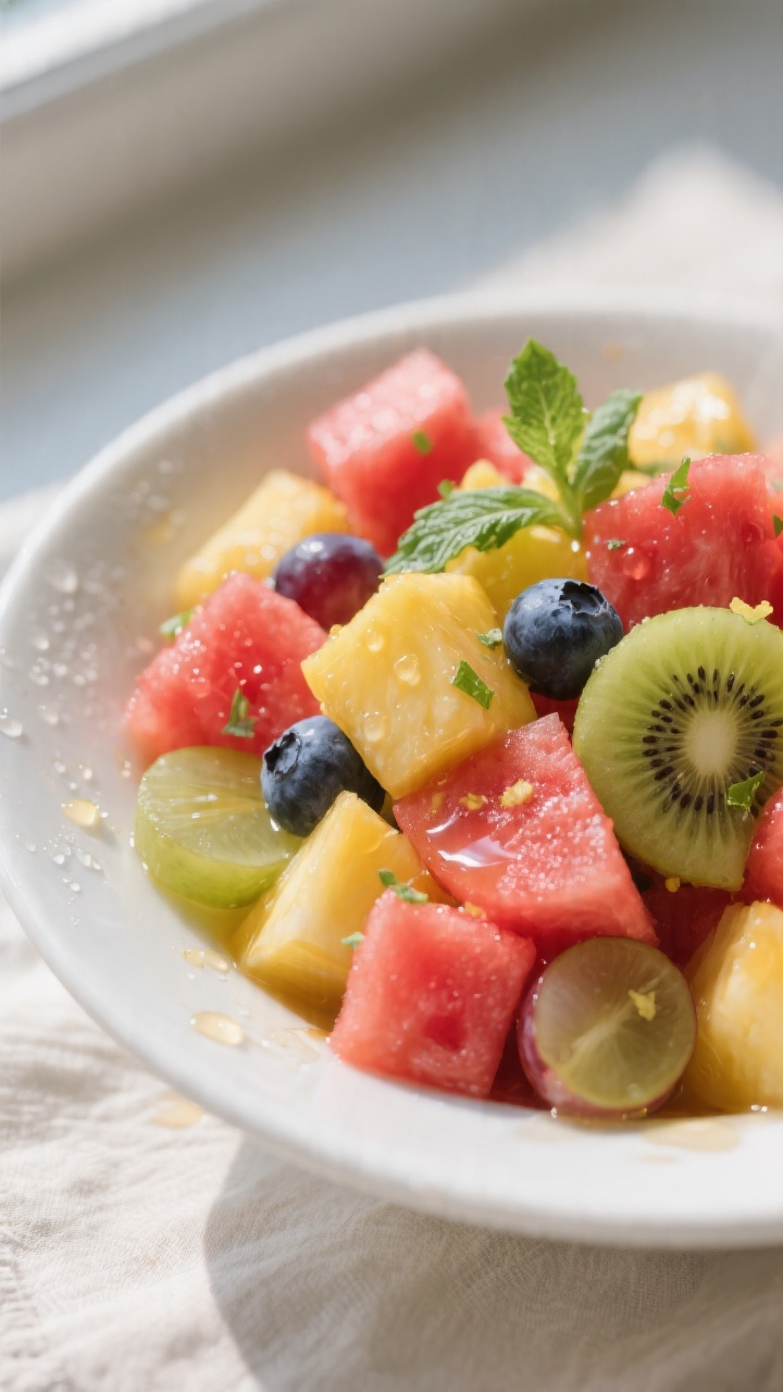 Close-up detail: A chilled summer fruit salad just after tossing—juicy watermelon cubes, glistenin
