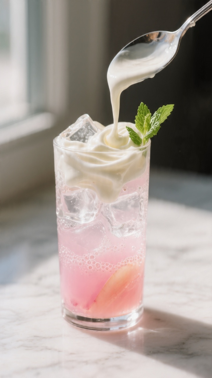 Close-up detail: A chilled tall clear glass mid-pour as a silky cream float cascades over the back o