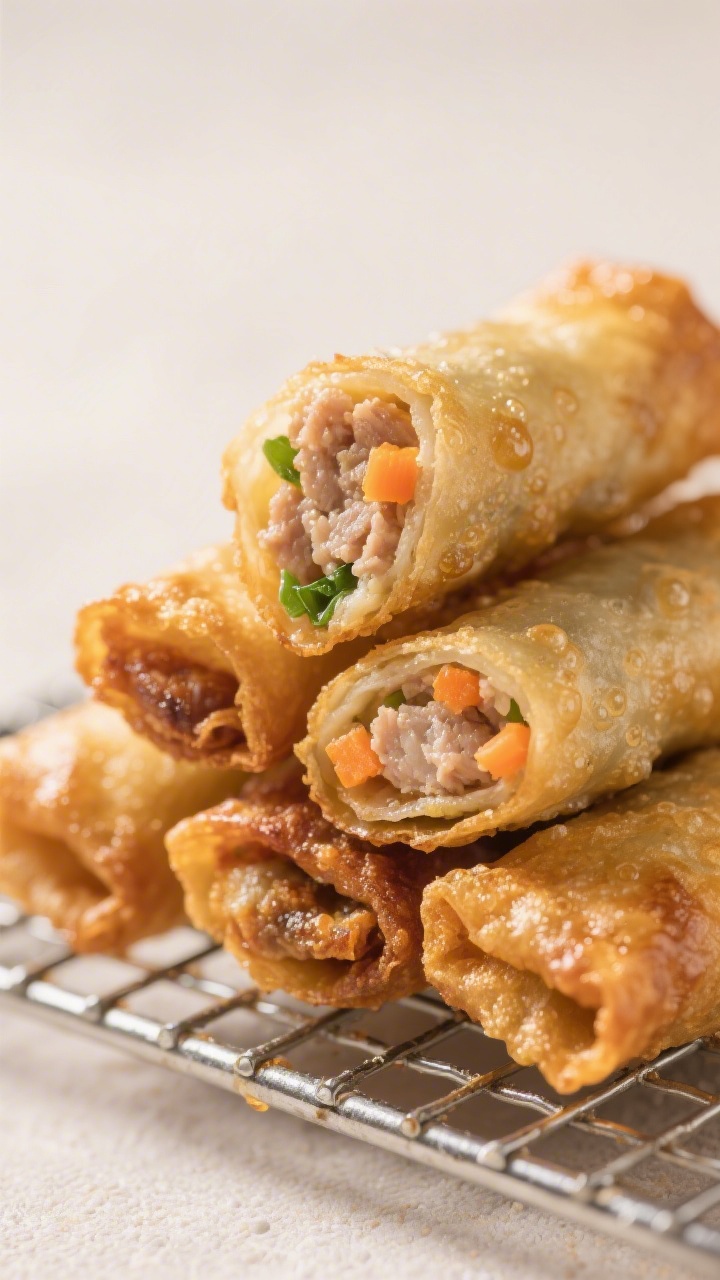 Close-up detail: A cluster of freshly fried Lumpiang Shanghai just lifted from the oil and resting o