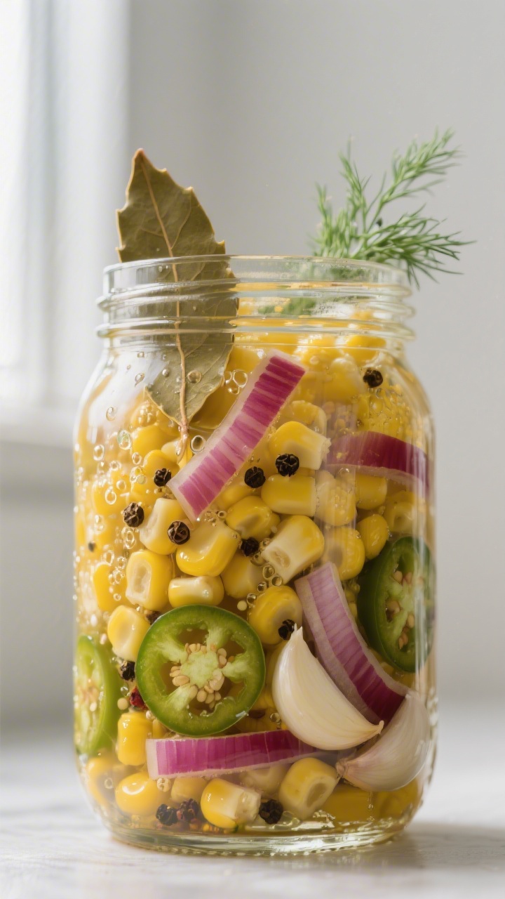 Close-up detail: A cooled jar of pickled corn just after brining, showing crisp, blanched yellow ker