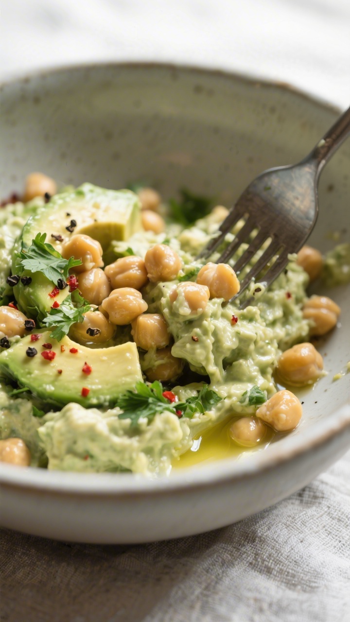 Close-up detail: A creamy chickpea avocado salad mid-mixing in a matte ceramic bowl, fork mashing ha