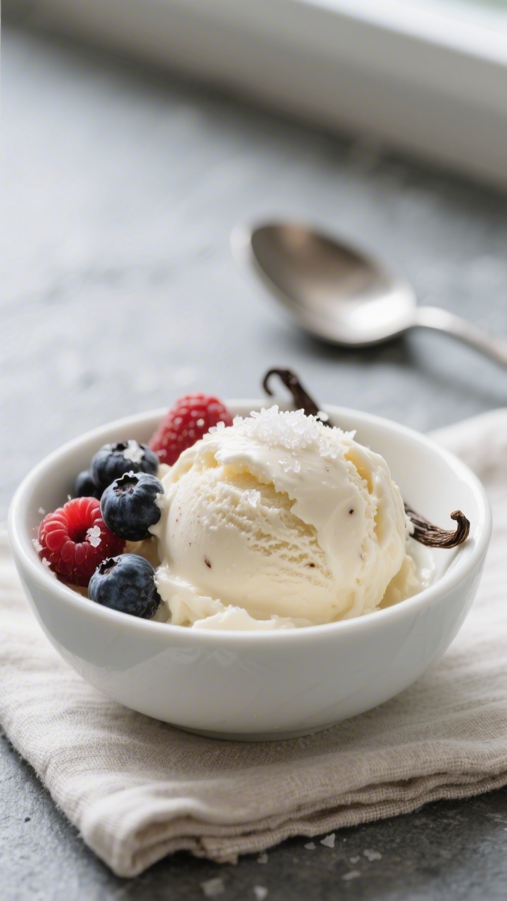 Close-up detail: A creamy scoop of Classic Vanilla Coconut ice cream just out of the freezer, velvet