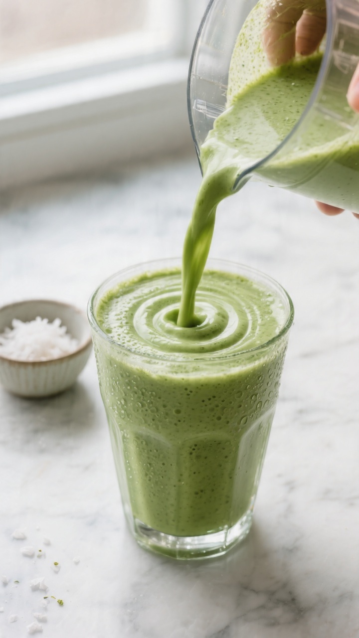 Close-up detail: A creamy, vibrant green matcha coconut keto smoothie being poured from a blender in