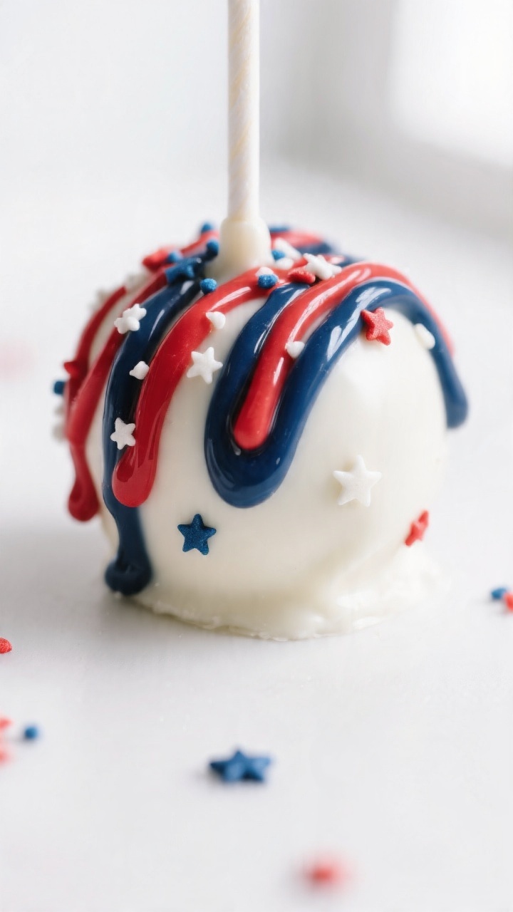 Close-up detail: A finished 4th of July cake pop dipped in smooth white candy coating with a glossy 