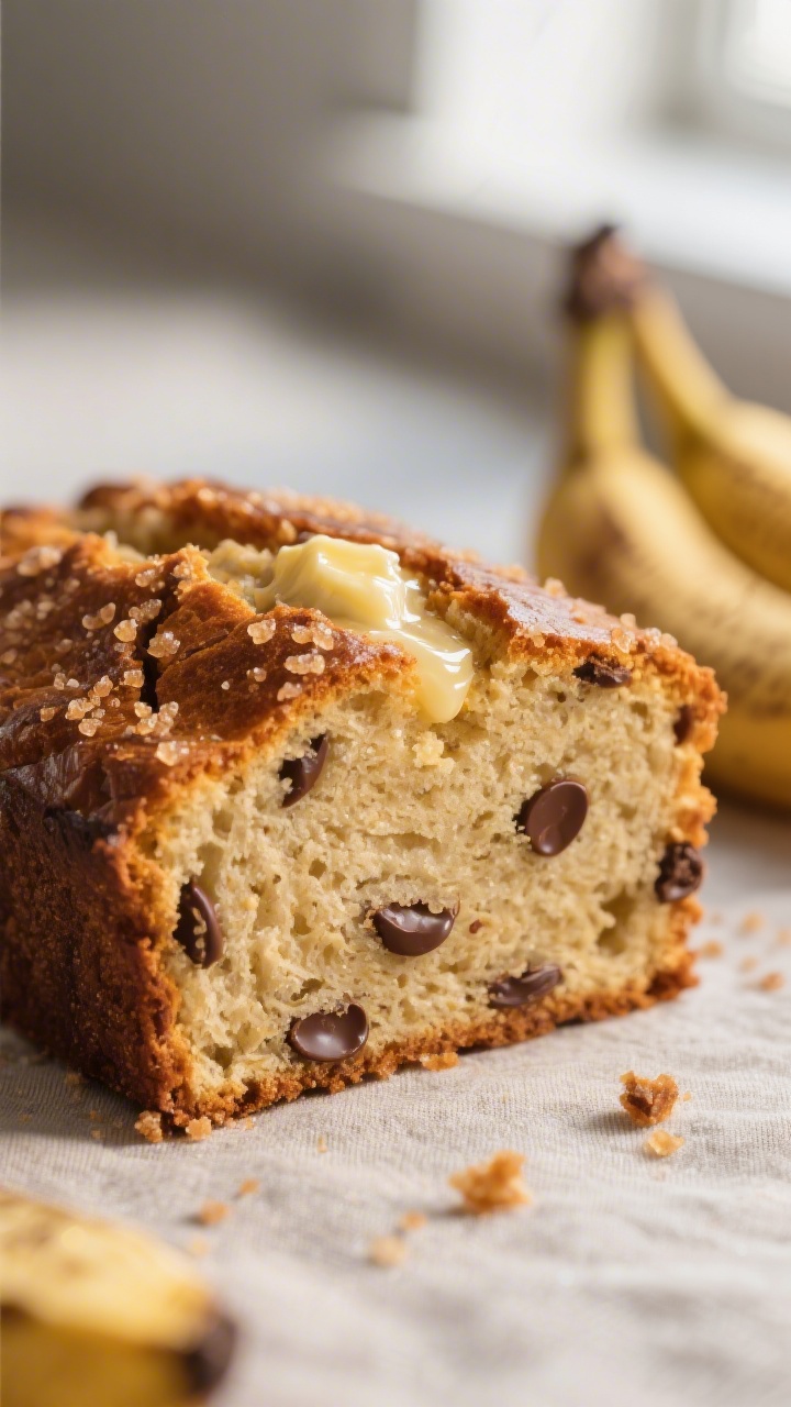 Close-up detail: A freshly baked banana bread slice still warm, showing a moist, tender crumb with t