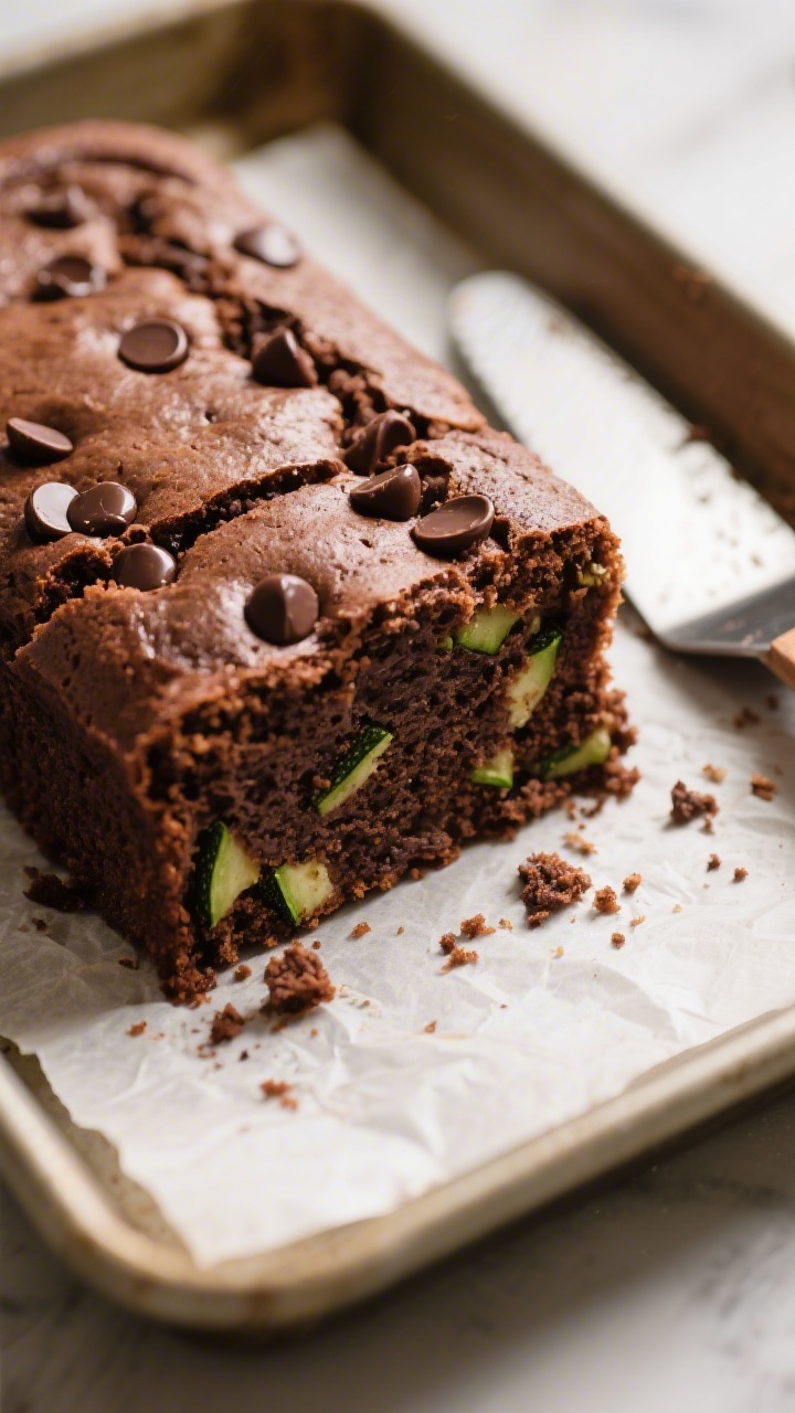 Close-up detail: A freshly baked Chocolate Zucchini Cake square just sliced in the pan, showing a ri